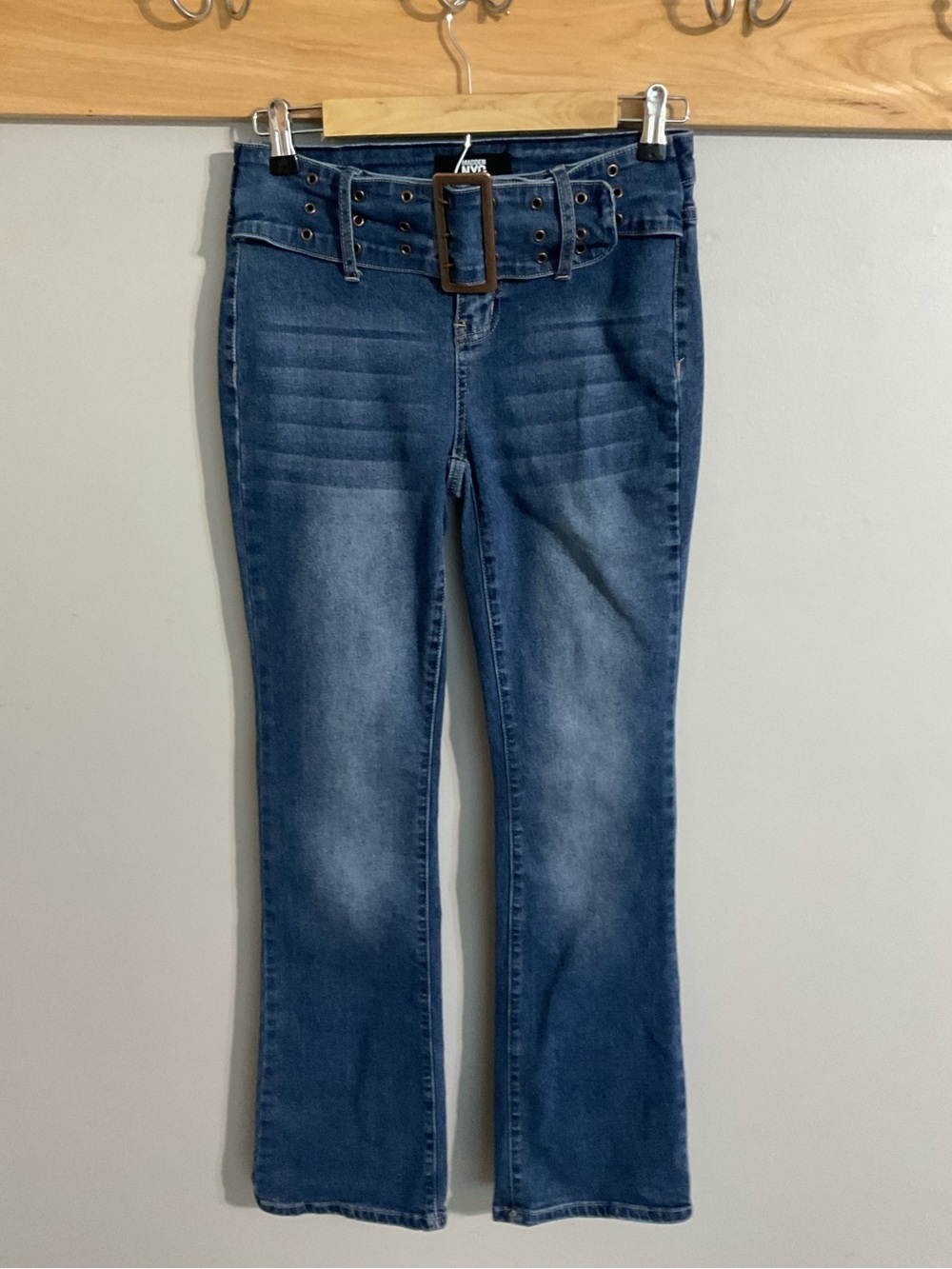 Madden NYC Dark Blue 70’s Flare Jeans with Wide Belt Size 4/28”